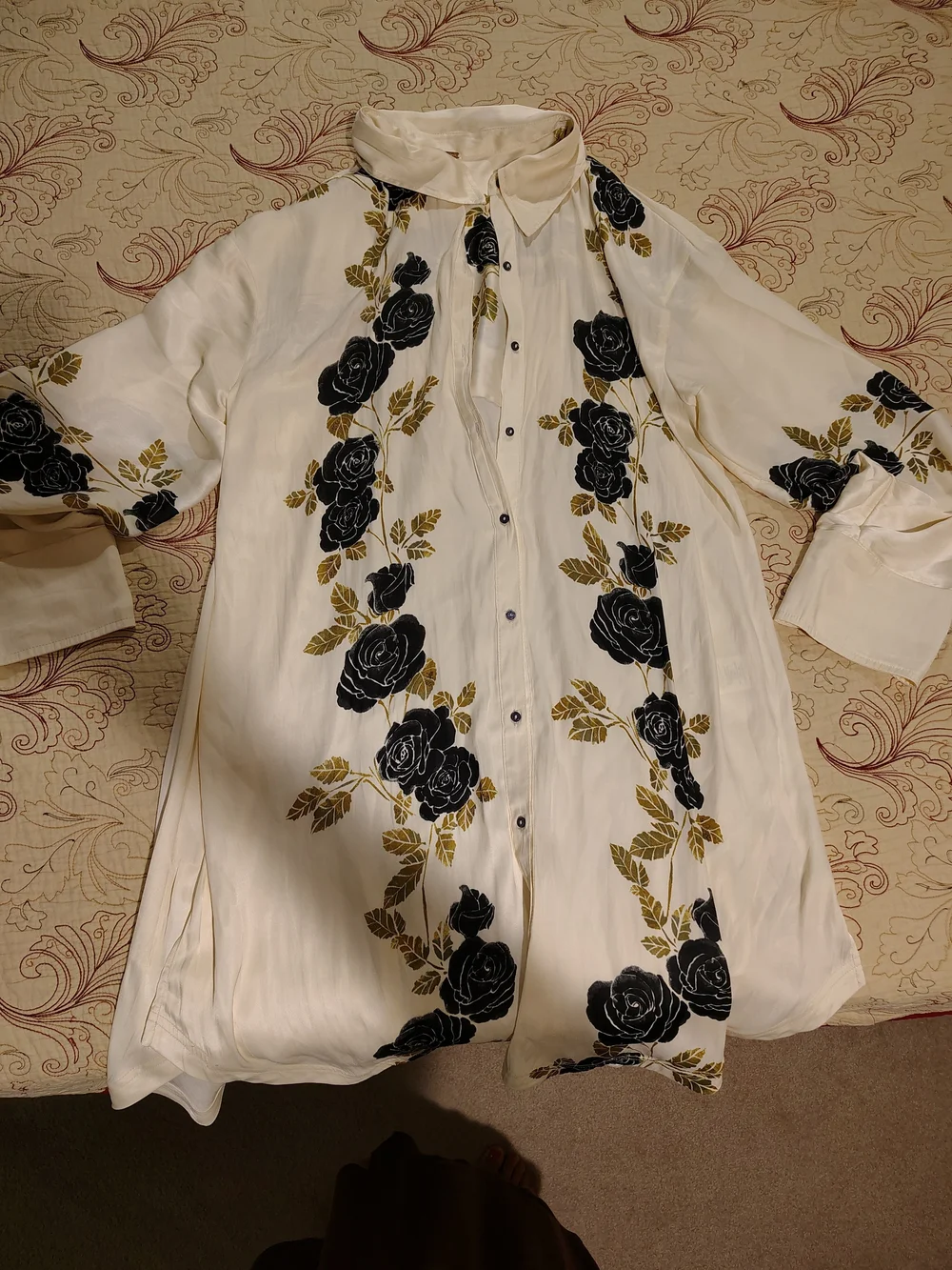 Free People Cream Mini Shirt Dress with Black & Gold Rose Print